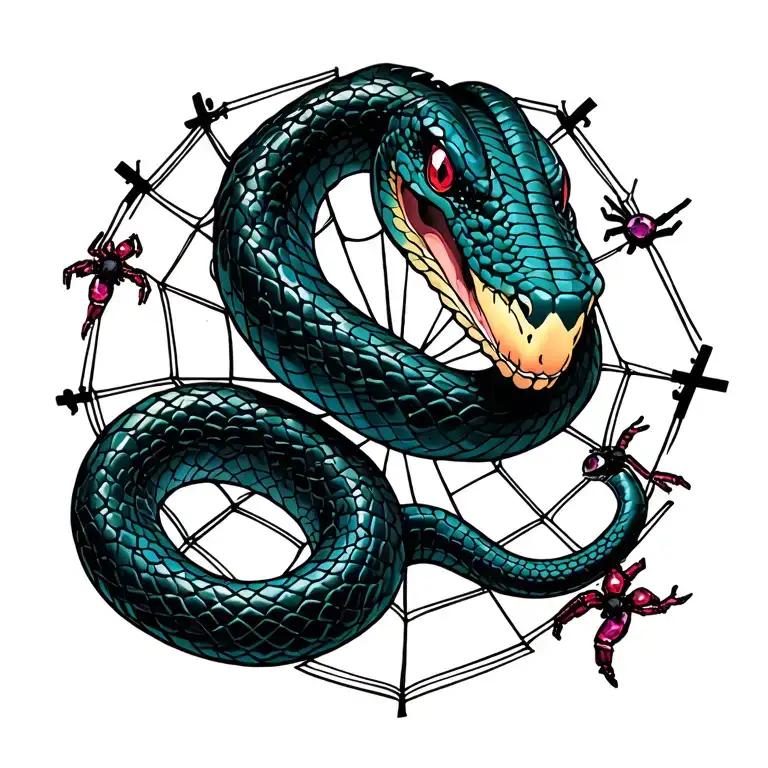 Snake Along The Spind With Spiders On Webs And Little Crosses With Ruby's