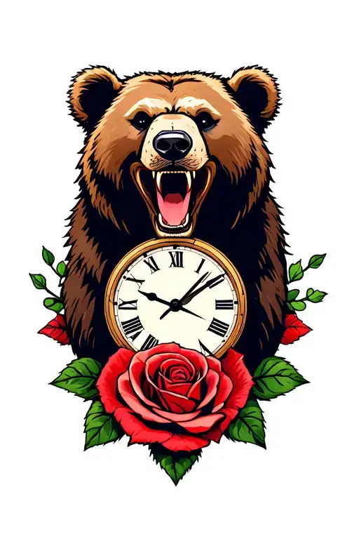 Bear Roaring Head With Clock And Rose
