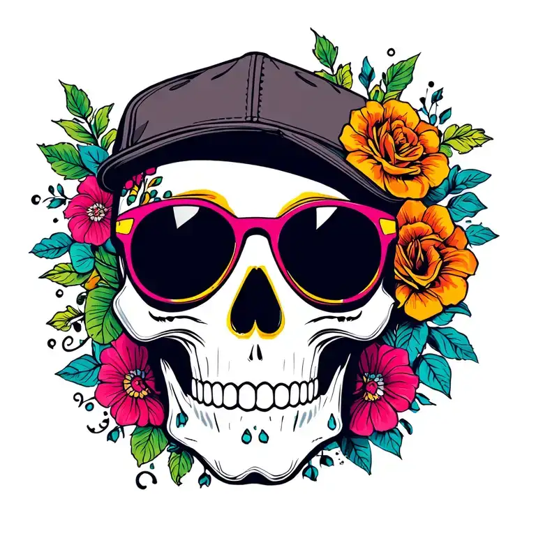 Colorful Sugar Skull Wearing Sunglasses And Ball Cap