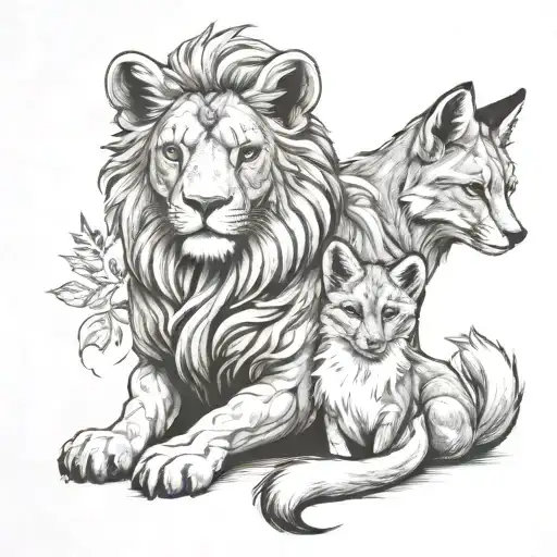 An Adult Lion Sat With A Baby Fox Looking Forward