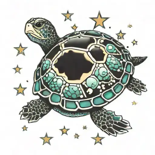 Turtle Swiming In Stars And Bubbles
