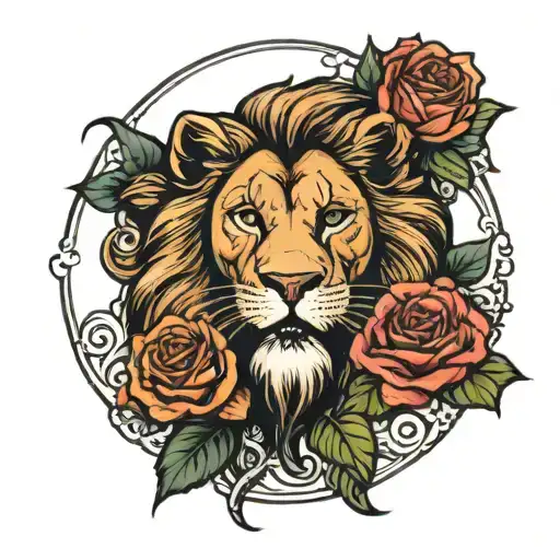 Lions Face With Rose Above It The Moon