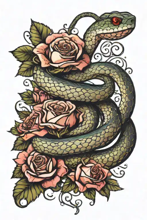 Snake Wrapped Around Waist With Rose Bran With Different Flowers
