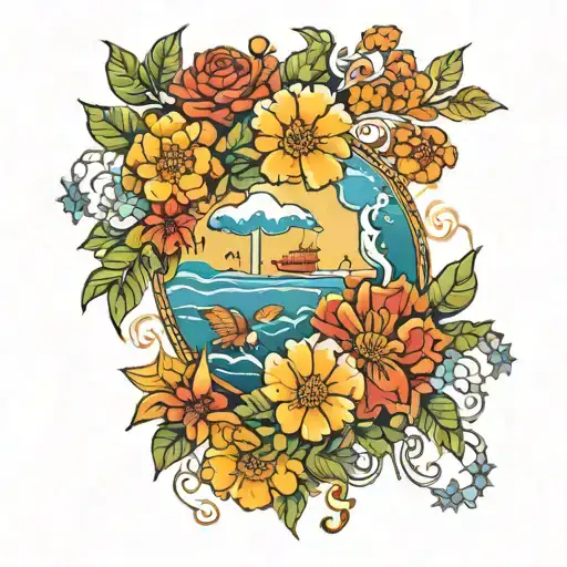 Marigolds And Honeysuckle Flowers With Ocean Scene