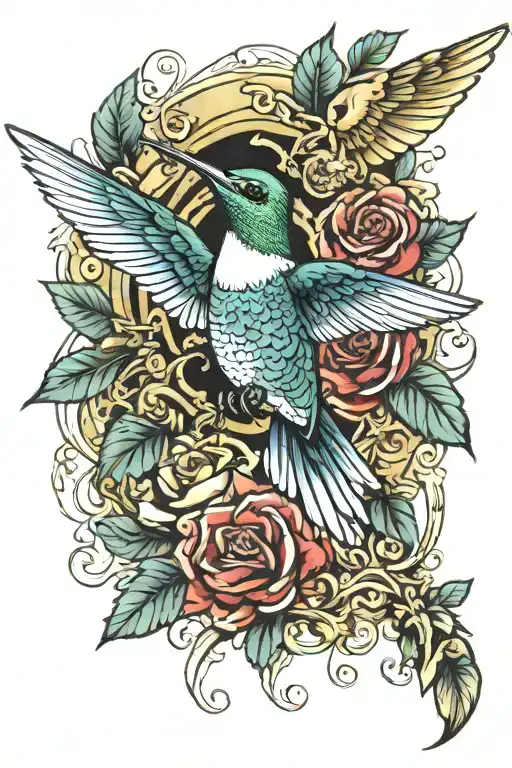 Humming Bird And Veternan Gold Metal Sleeve Tattoo Design