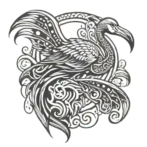 A Tribal-inspired Flamingo Design Incorporating Feathers And Waves