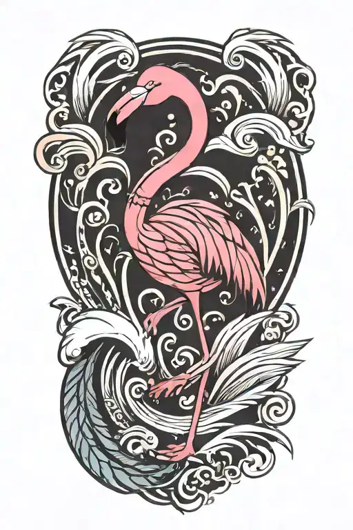 A Tribal-inspired Flamingo Design Incorporating Feathers And Waves