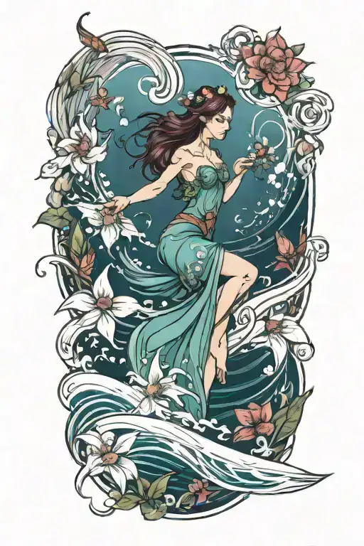 Fairy And Flowers And Ocean Waves Flowing