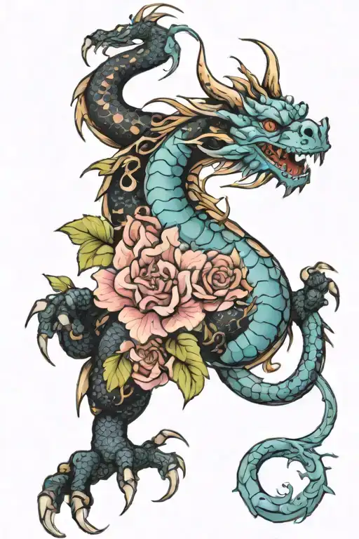 Light Blue Dragon And Flowers With Black Color