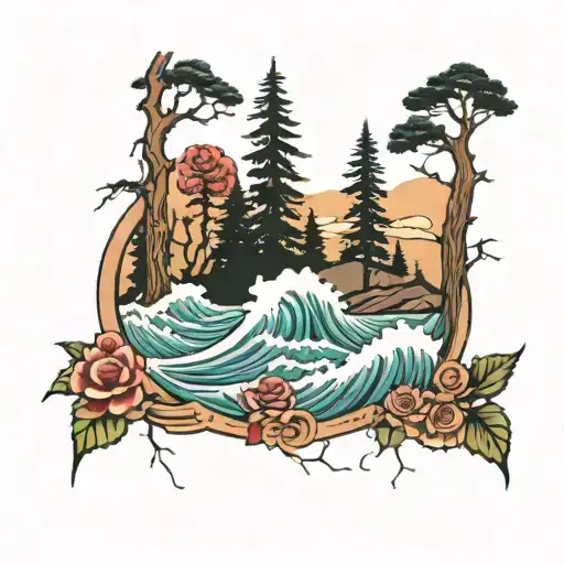 Redwood Trees And Roses And Ocean Wave Crashing