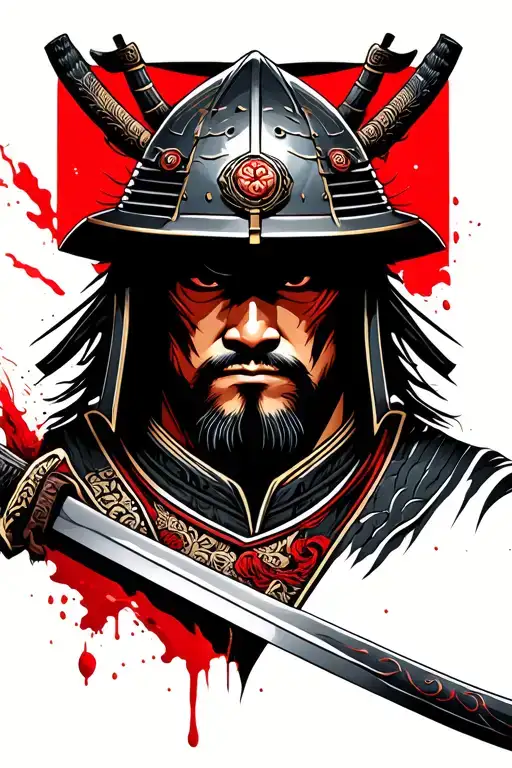 Greay Scale Samurai Warrior With Helmet And Samurai Sword With Red Blood On It Arm Sleeve