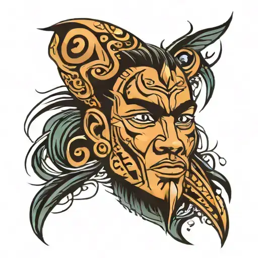 Full Arm Sleeve Tribal Tattoo With Person Face And Lettering As Well