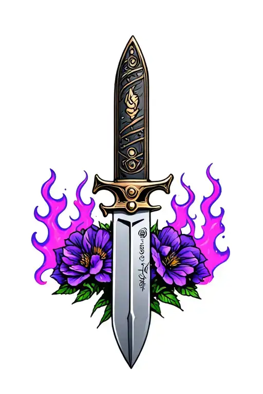 Military Style K-bar Knife Surrounded By Flames And Purple Flowers