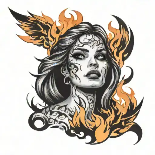 Girl Face Surrounded Fire Flames