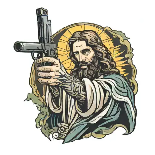 Jesus Holding Gun Side Ways At You Smoking A Joint