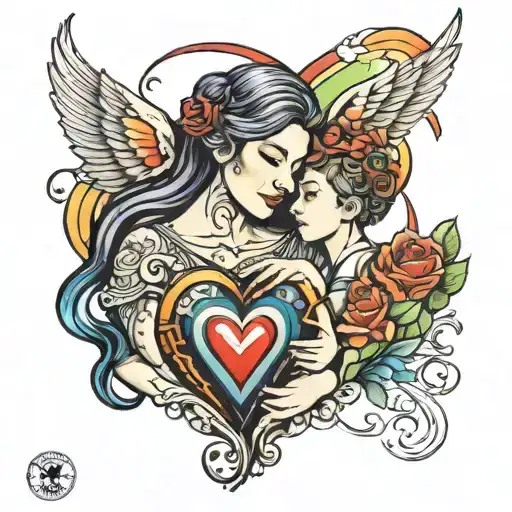 Mother And Son And Rainbow Heart