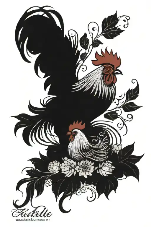 Rooster With A Baby Chick With A Coralie Dahlia Flower