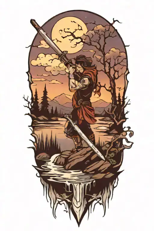 Arm Holding Sword Coming Out Of Water At Twilight Mountains Background Moon Clouds Trees Color