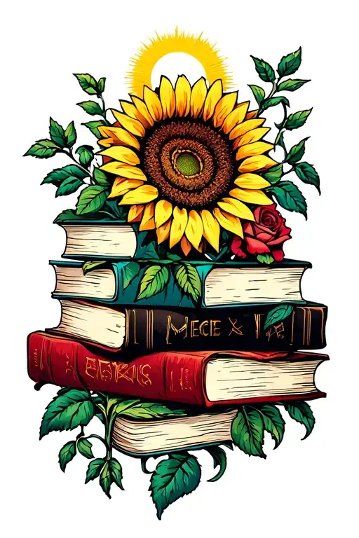 Stack Of Books With Sunflowers And Roses Entangled With Vines With A Shining Sun Above It It