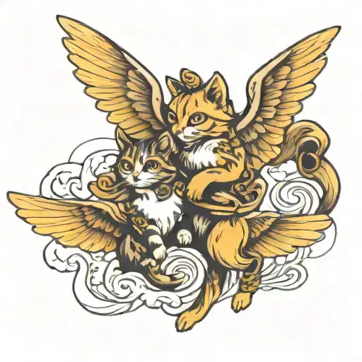 Two Cats Flying With Cherub Wings
