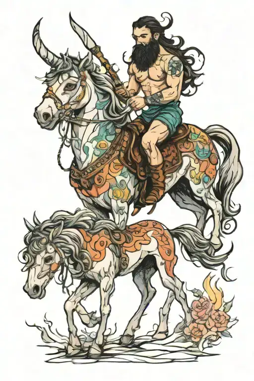 Tattoo With The Idea Of A Fierce Centaur With The Love Of His 2 Kids In Fire Rainbow