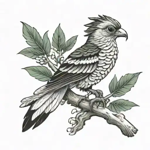 Realistic Black And White Quetzal Bird Sitting On Branch With Shading Around