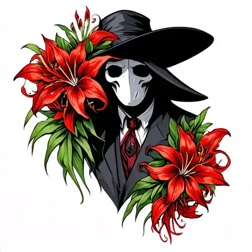 Plague Doctor Surrounded By Red Spider Lilies