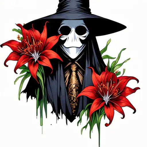 Plague Doctor Surrounded By Red Spider Lilies