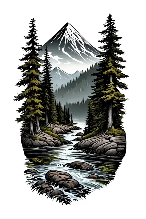 Forest With River Flowing And Mountain In Background