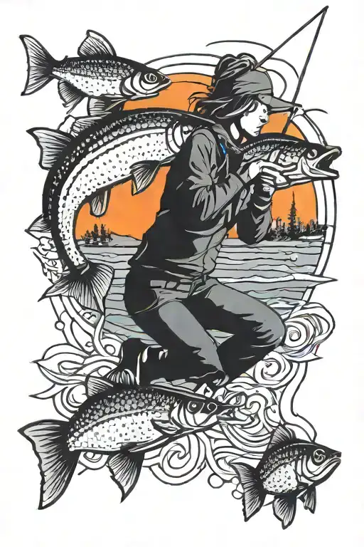 Women Ice Fishing Sunset Background Longjohns Flag Pole In Fishing Lure