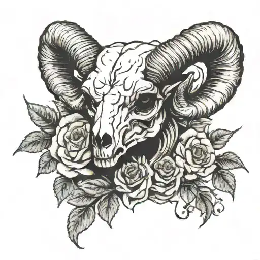 Ram Skull And Roses Intertwined