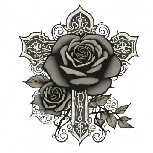 Gothic Cross With A Rose In The Middle Of The Cross With A Vine Of Roses Wrapping Around The Cross