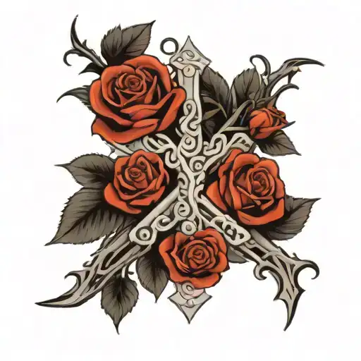 Cross With A Vine Of Roses Wrapping Around It Black And White Shaded