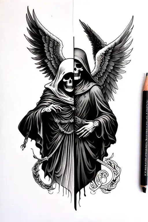 Half Grim Reaper And Half Angel Split Down Middle
