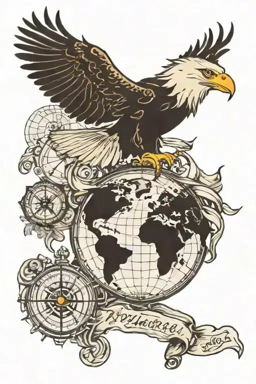 Compass With World Map Fineline Sea Head Eagle