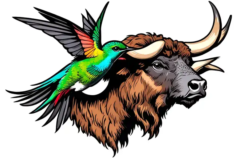 Buffalo Head And Humming Bird Flying