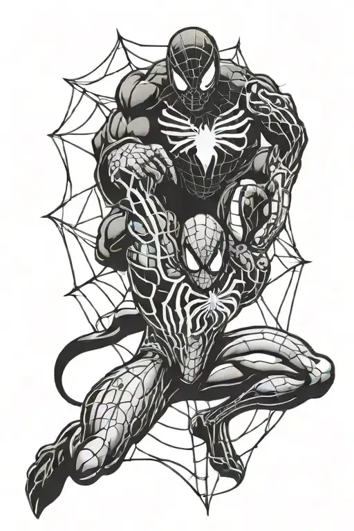 Spiderman And Venom Wresting On A Spider Web