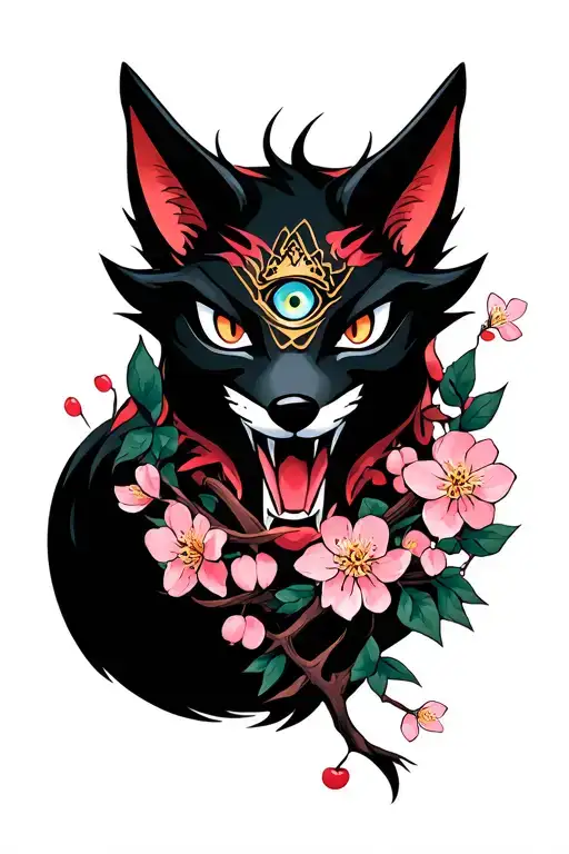 Evil Kitsune Mask With 3Rd Eye On The Forehead Surrounded By Cherry Blossoms