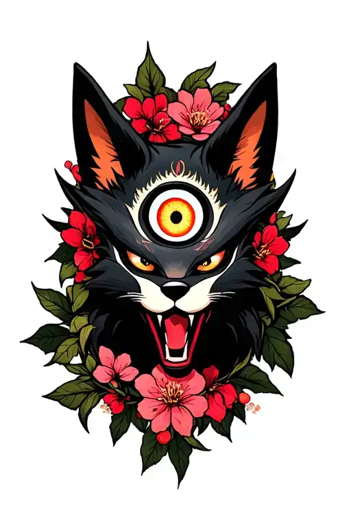 Realistic Evil Kitsune Mask With 3Rd Eye On The Forehead Surrounded By Cherry Blossoms