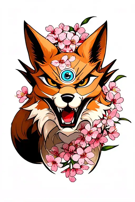 Realistic Evil Kitsune Mask With 3Rd Eye On The Forehead Surrounded By Cherry Blossoms