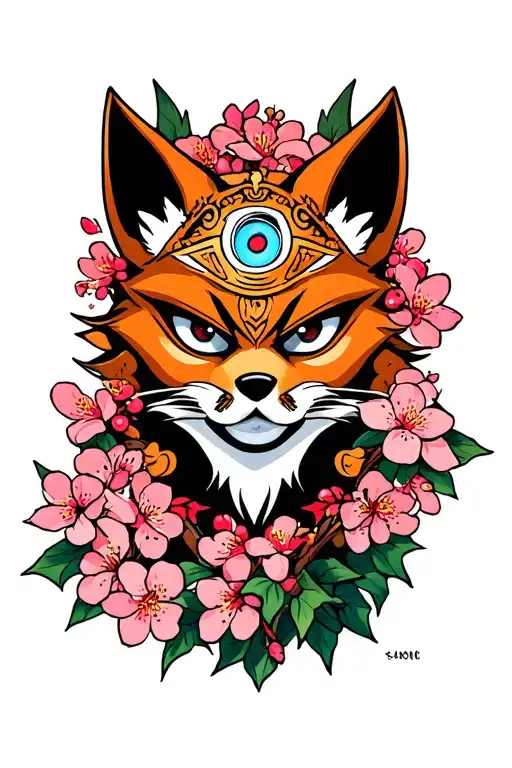 Neo Traditional Kitsune Mask With 3Rd Eye On The Forehead Surrounded By Cherry Blossoms