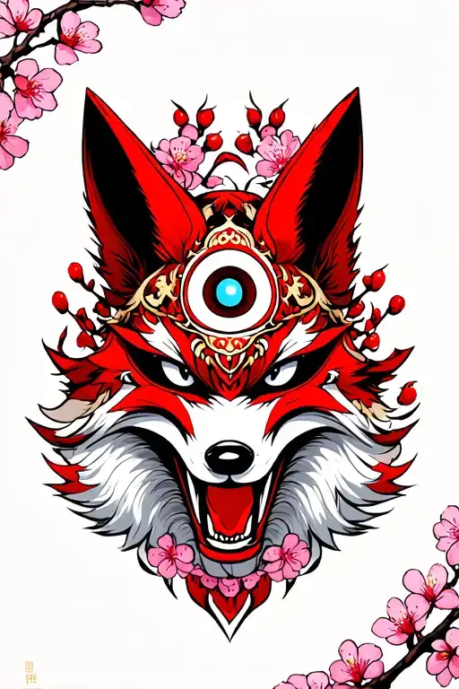 Menacing Kitsune Mask With 3Rd Eye On The Forehead Surrounded By Cherry Blossoms