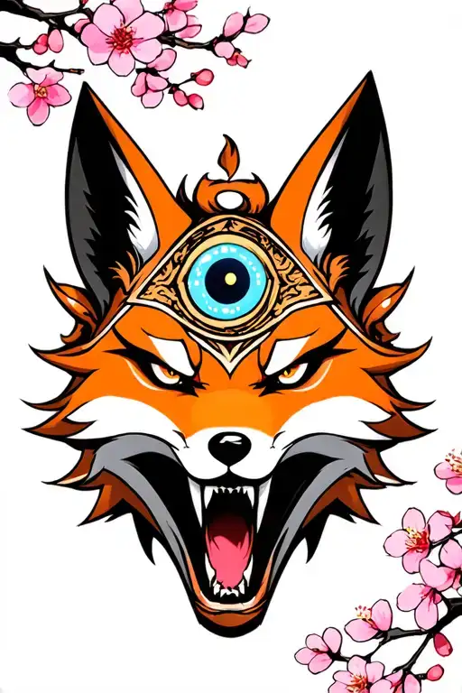 Menacing Kitsune Mask With 3Rd Eye On The Forehead Surrounded By Cherry Blossoms