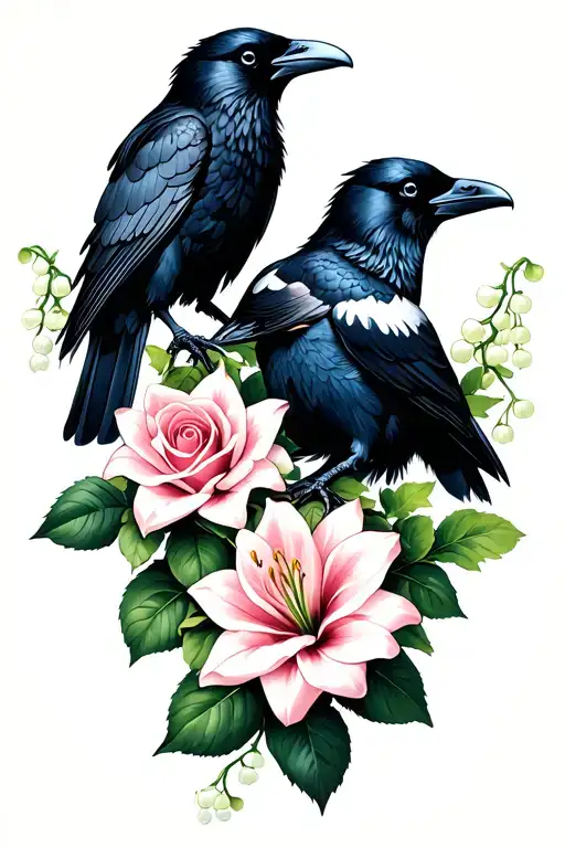 Two Ravens With Lily Of The Valley And Roses