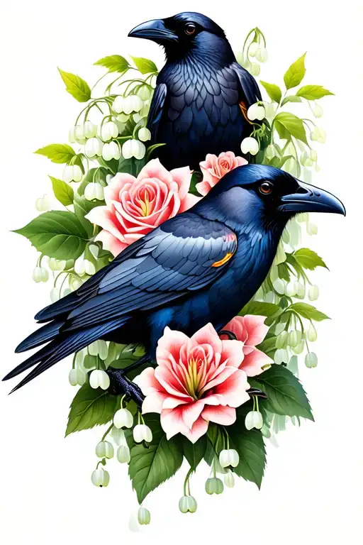 Two Ravens With Lily Of The Valley And Roses