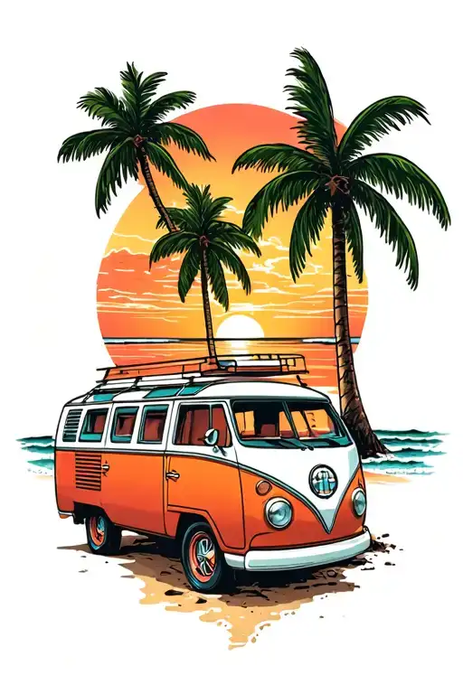 Palm Tree Camper Van Beach Sunset