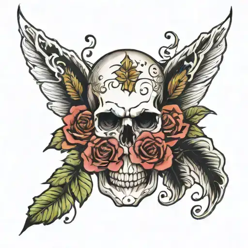 Skull With 4 Falling Leaves And 4 Roses