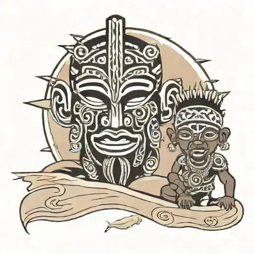 Nigerian Igbo Tribal Mask Tattoo With Space For A Picture Of A Dad And Son Walking On Beach