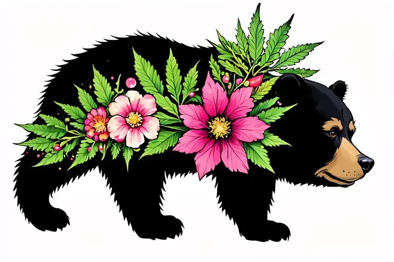 Bear And Weed Leaves With Flowers Blooming