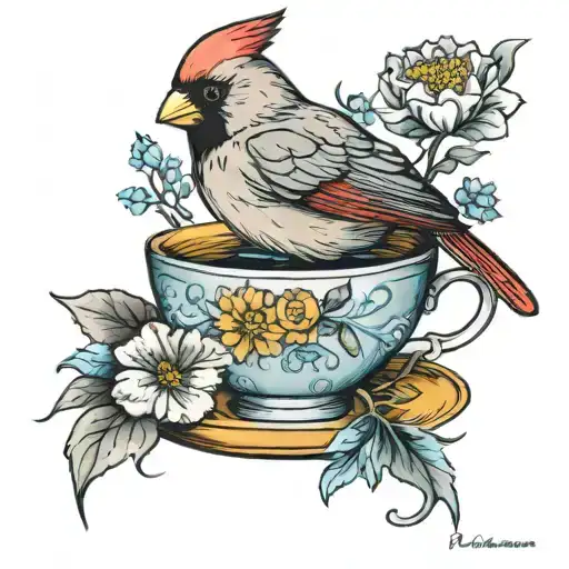 Cardinal On Top Of Teacup With Marigold Flowers And Blue Morning Glorie Flowers